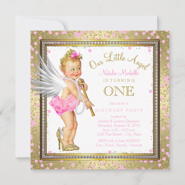 Little Angel Girls 1. Geburtstag Party Einladung (Vorderseite)