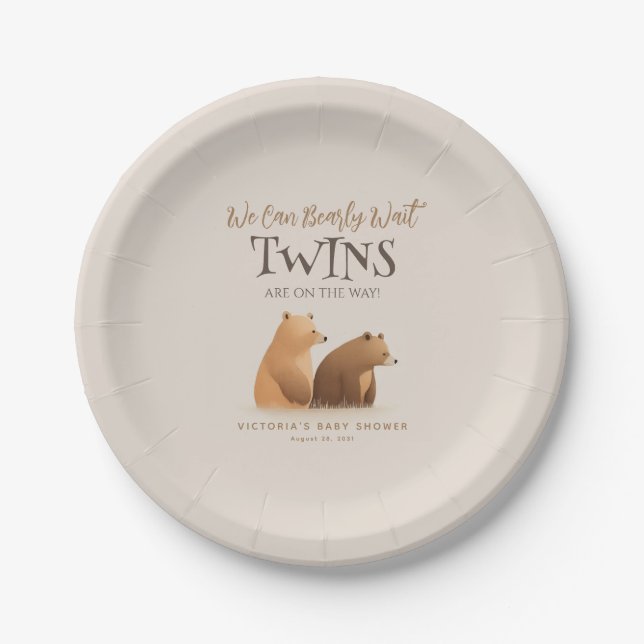 Little Baby Bears Twins Brown Baby Shower Pappteller (Vorderseite)