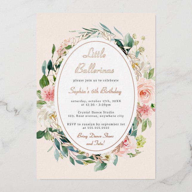 Little Ballerina Kindergeburtstag Rose Gold Floral Folieneinladung (Vorderseite)