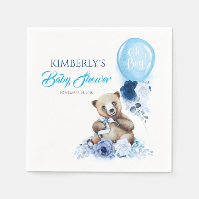 Little Bear and Blue Floral Balloon Baby Shower Serviette (Vorderseite)