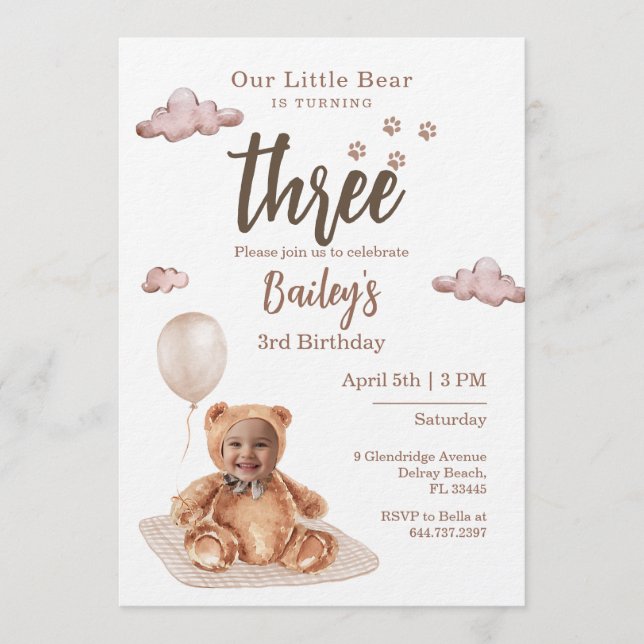 Little Bear Any Age Birthday Photo Invitation (Devant)