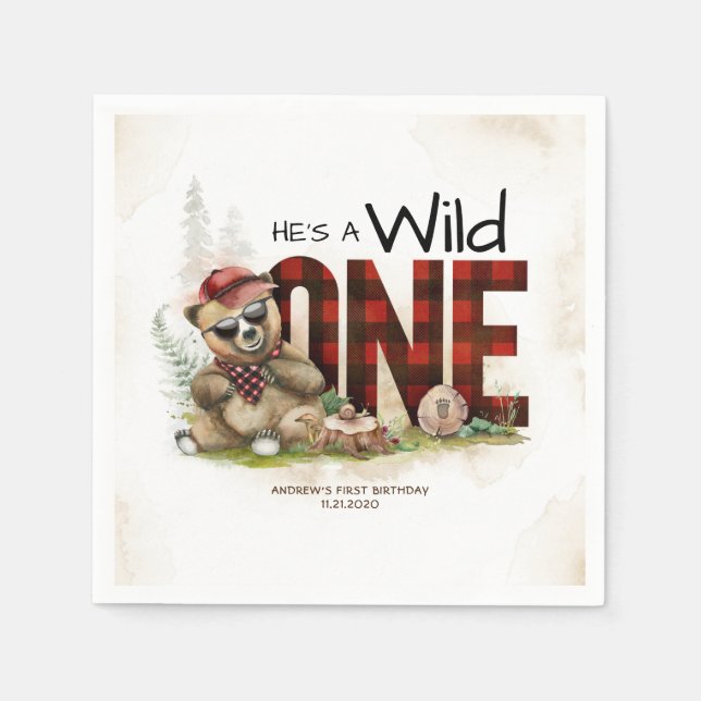 Little Bear Lumberjack Wild One Birthday Serviette (Vorderseite)