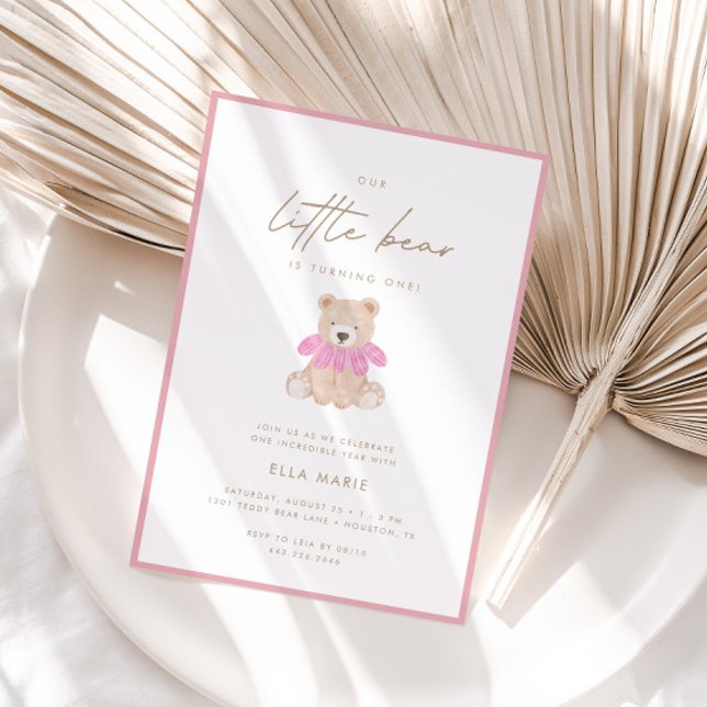 Little Bear - Modern Pink Floral Girl 1. Geburtsta Einladung (Von Creator hochgeladen)