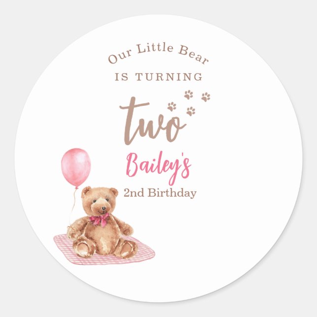 Little Bear Pink Any Age Birthday Runder Aufkleber (Vorderseite)