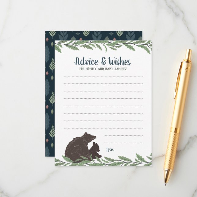 Little Bear Rustic Baby Dusche Wünsche und Hinweiskarte (Vorderseite/Rückseite Beispiel)