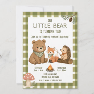 Little Bear Tiere Grün Gingham Geburtstag Einladung