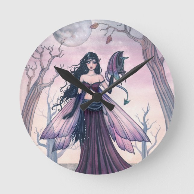 Little Beast Lila Fairy and Dragon Fantasy Art Runde Wanduhr (Vorderseite)