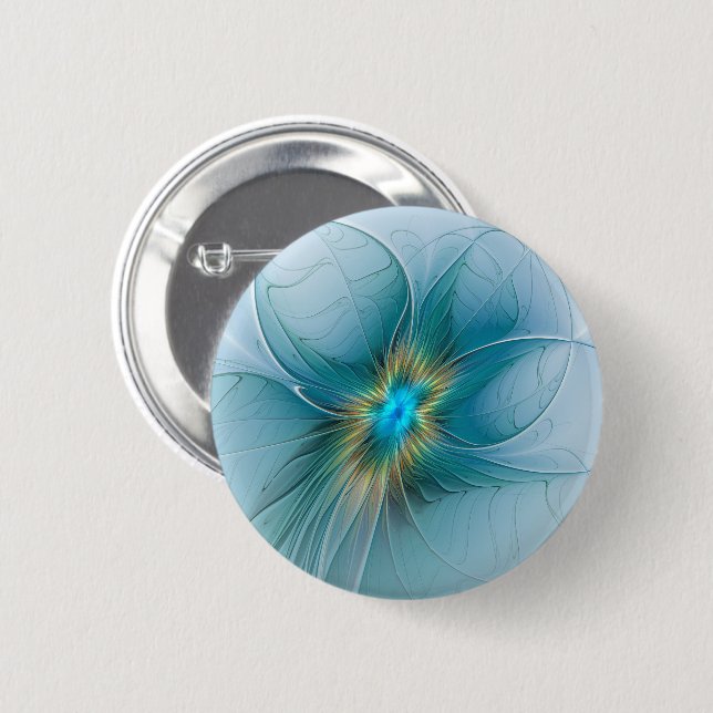 Little Beauty Modern Blue Gold Fraktal Blume Button (Vorne & Hinten)