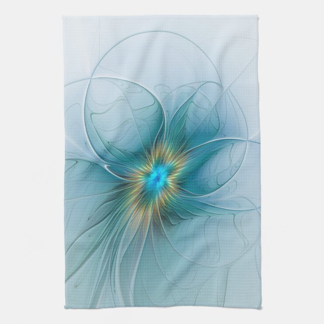 Little Beauty Modern Blue Gold Fraktal Blume Geschirrtuch (Vertikal)