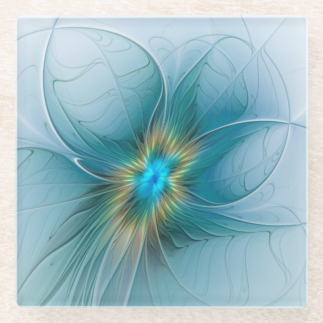 Little Beauty Modern Blue Gold Fraktal Blume Glasuntersetzer (Vorderseite)