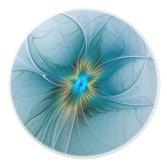 Little Beauty Modern Blue Gold Fraktal Blume Keramikknauf (Vorderseite)
