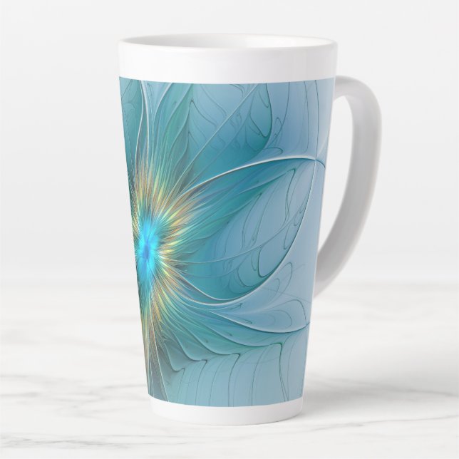 Little Beauty Modern Blue Gold Fraktal Blume Milchtasse (Rechte Ecke)