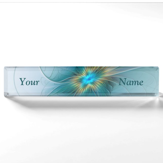 Little Beauty Modern Blue Gold Fraktal Blume Namensplakette (Vorderseite)