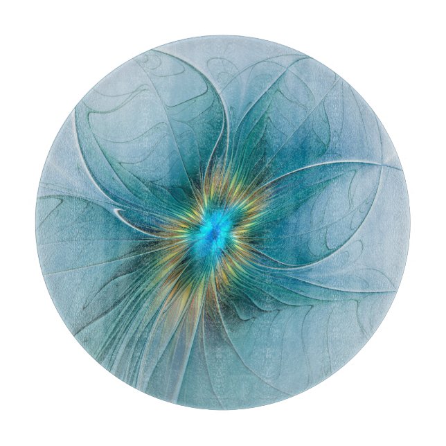 Little Beauty Modern Blue Gold Fraktal Blume Schneidebrett (Vorderseite)