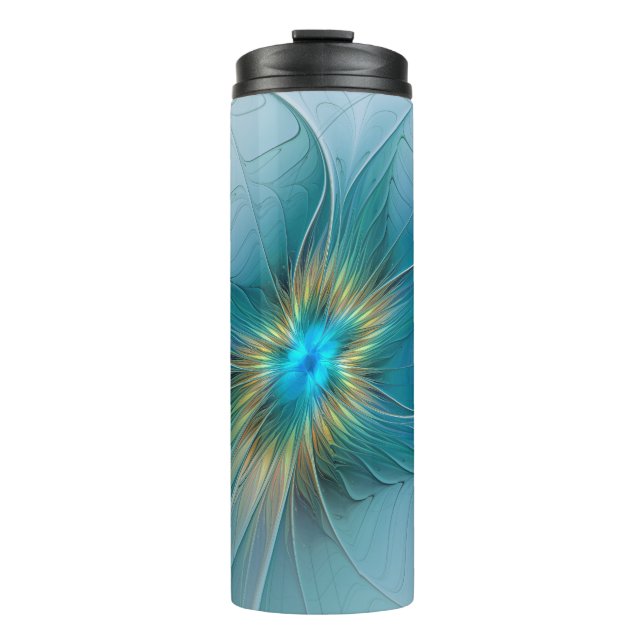 Little Beauty Modern Blue Gold Fraktal Blume Thermosbecher (Vorderseite)