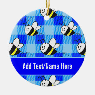 Little Bee Blue Kariert Pattern Individuelle Name Keramik Ornament