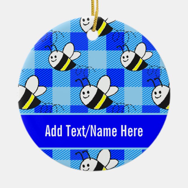 Little Bee Blue Kariert Pattern Individuelle Name Keramik Ornament (Vorne)