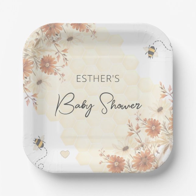 Little Bee Honey Boho Wildblume Baby Shower Pappteller (Vorderseite)