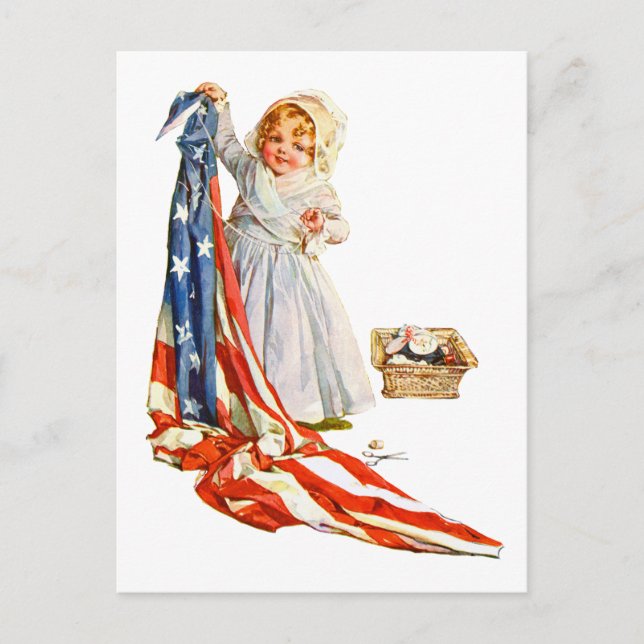 Little Betsy Ross und die amerikanische Flagge Postkarte (Vorderseite)