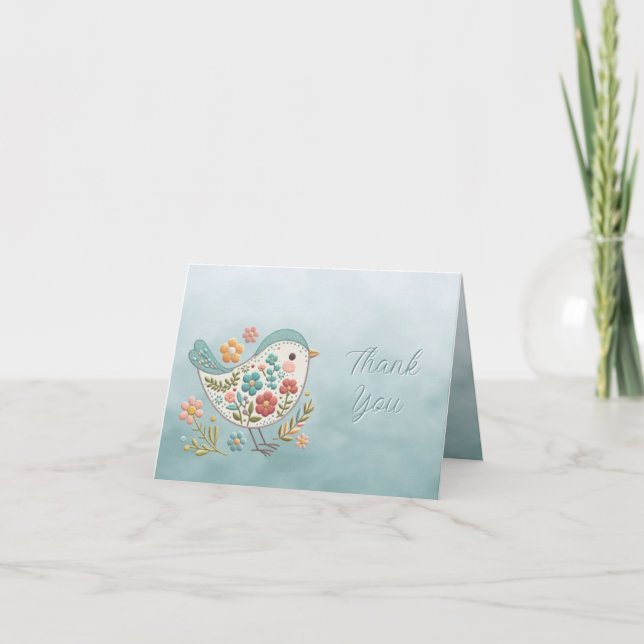 Little Bird Blue Pink Blume Danke Karte (Vorderseite)