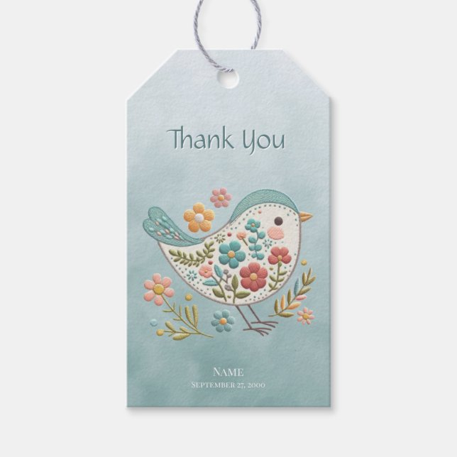 Little Bird Blue Pink Blume Geschenkmarke Geschenkanhänger (Vorderseite)