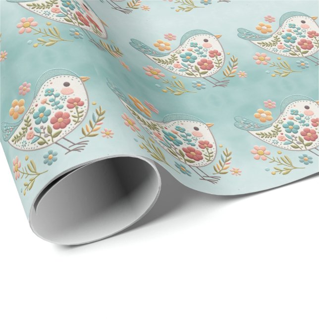 Little Bird Blue Pink Blume Wrapping Paper Geschenkpapier (Rolleneckpunkt)
