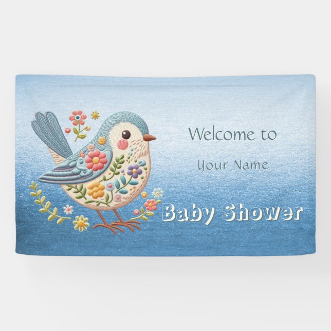 Little Bird Floral Blue Baby Dusche Banner (Horizontal)