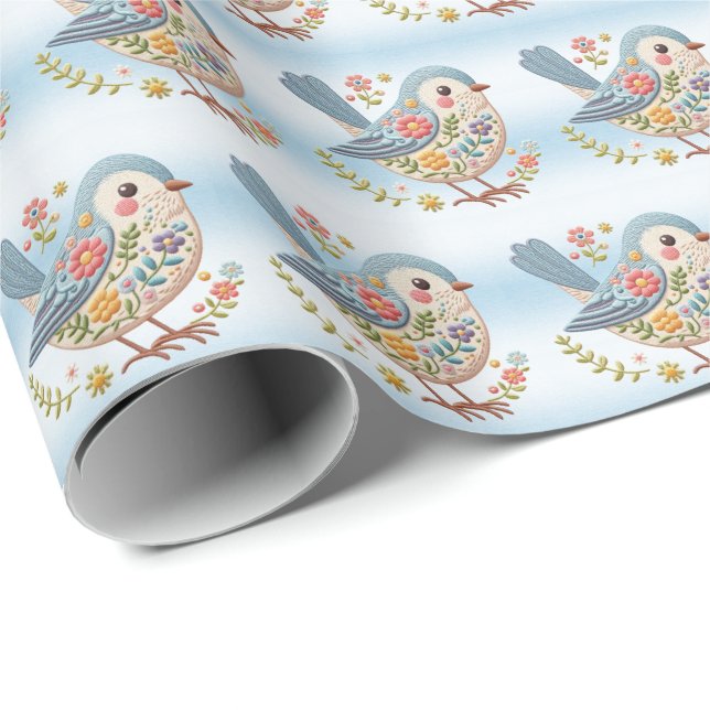 Little Bird Floral Blue Wrapping Paper Geschenkpapier (Rolleneckpunkt)
