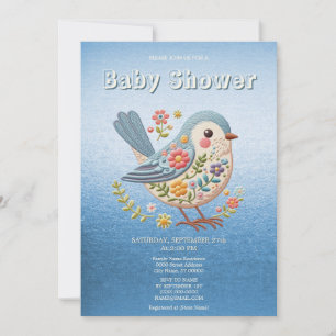 Little Bird Floral Embroidery Blue Baby Shower Inv Einladung