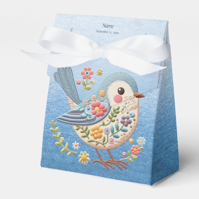 Little Bird Floral Embroidery Blue Favor Box Geschenkschachtel (Vorderseite)