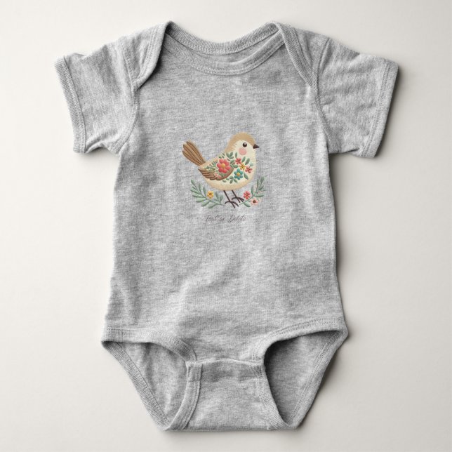 Little Bird Floral Embroidery Gold Baby Bodysuit Strampler (Vorderseite)