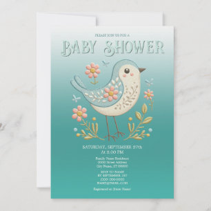 Little Bird Floral Embroidery Green Baby Dusche Einladung
