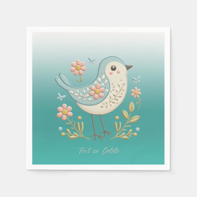 Little Bird Floral Embroidery Green Napkins Serviette (Vorderseite)