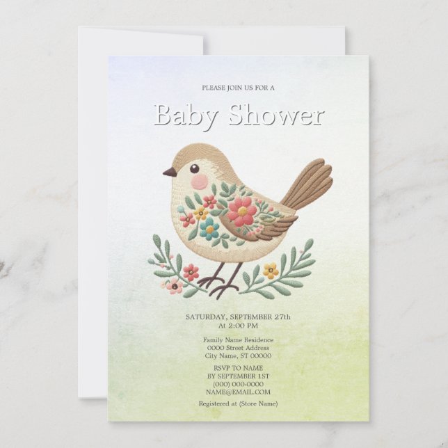 Little Bird Floral Gold Baby Dusche Einladung (Vorderseite)