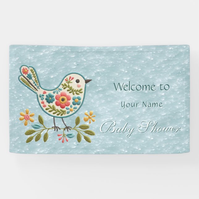 Little Bird Floral Green Blätter Baby Shower Banner (Horizontal)