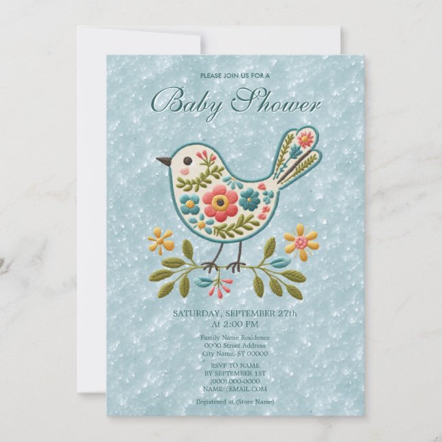 Little Bird Floral Green Blätter Baby Shower Einladung (Vorderseite)