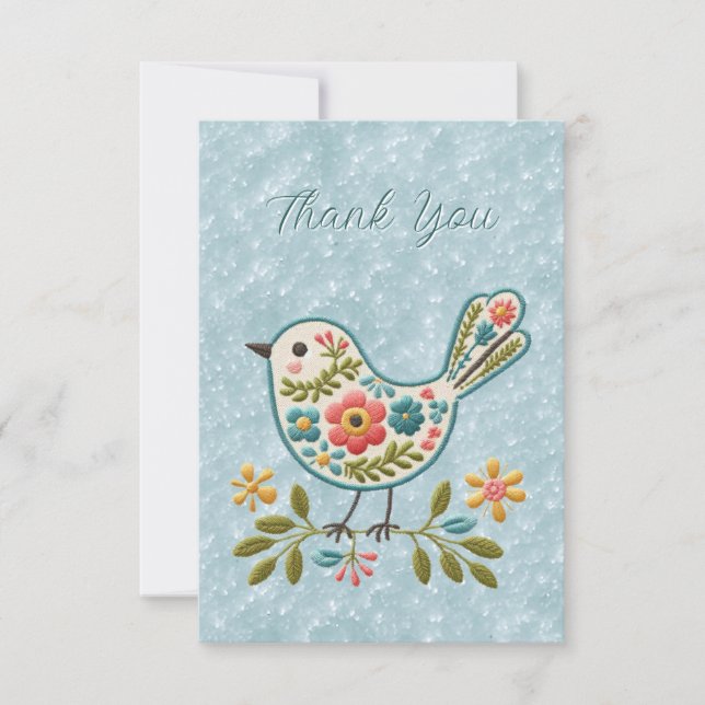 Little Bird Floral Green Blätter Danke Karte (Vorderseite)