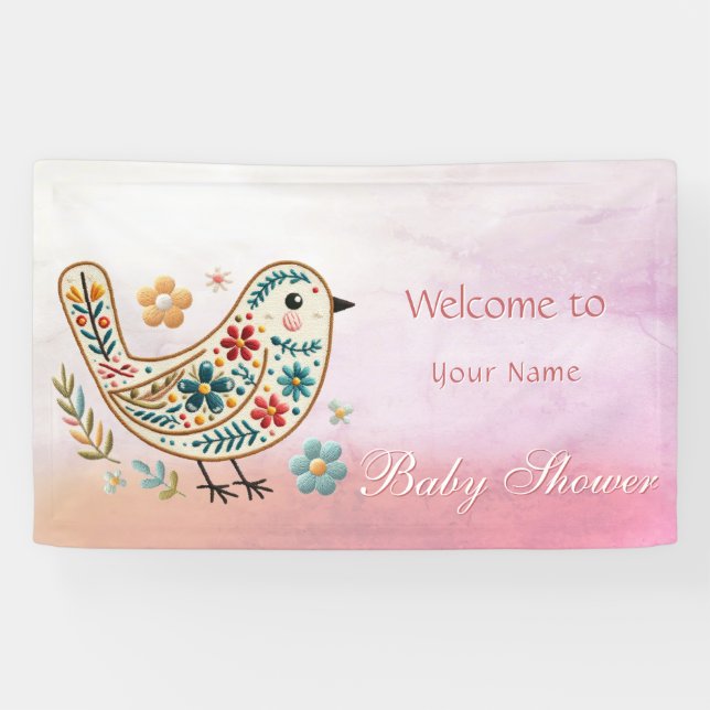 Little Bird Floral Pink Baby Dusche Banner (Horizontal)