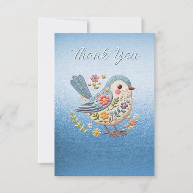 Little Bird Floral Stickerei Blau Danke Karte (Vorderseite)