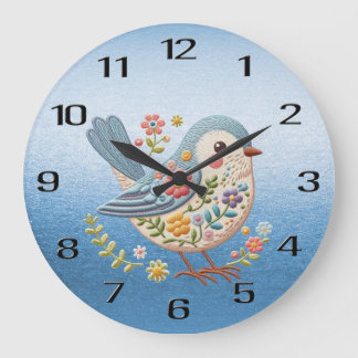 Little Bird Floral Stickerei Blue Wall Clock Große Wanduhr