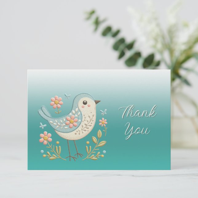 Little Bird Floral Stickerei Grün Danke Karte (Stehend Vorderseite)