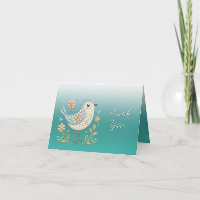 Little Bird Floral Stickerei Grün Danke Karte (Vorderseite)
