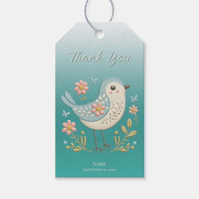 Little Bird Floral Stickerei Grüne Geschenkmarke Geschenkanhänger (Vorderseite)