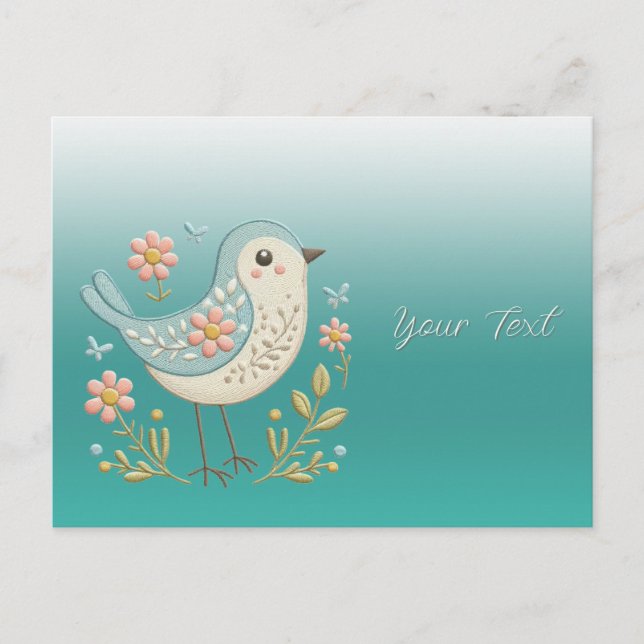Little Bird Floral Stickerei Grüne Postkarte (Vorderseite)