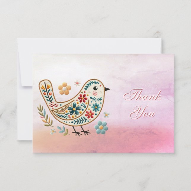 Little Bird Floral Stickerei Pink Danke Karte (Vorderseite)