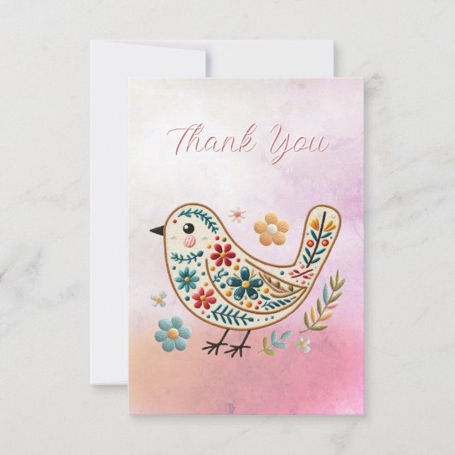 Little Bird Floral Stickerei Pink Danke Karte (Vorderseite)