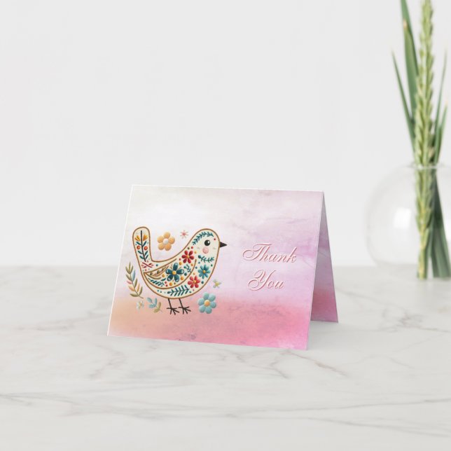 Little Bird Floral Stickerei Pink Danke Karte (Vorderseite)