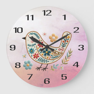 Little Bird Floral Stickerei Pink Wall Clock Große Wanduhr