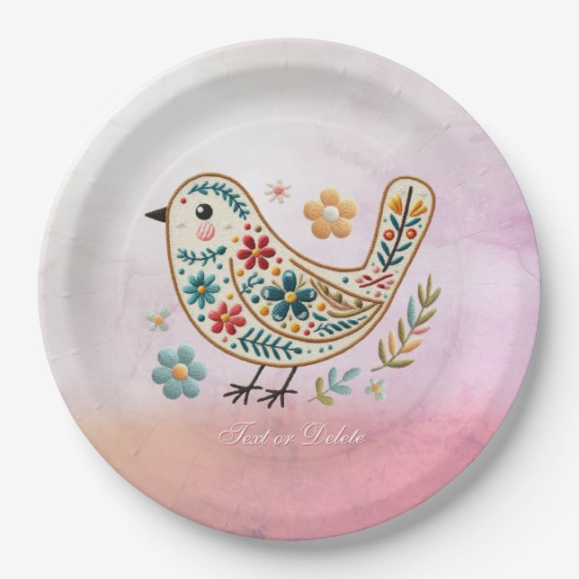 Little Bird Floral Stickerei Rosa Papierplatte Pappteller (Vorderseite)