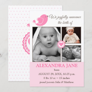 Little Bird Hearts Baby Photo Faire-part de naissa